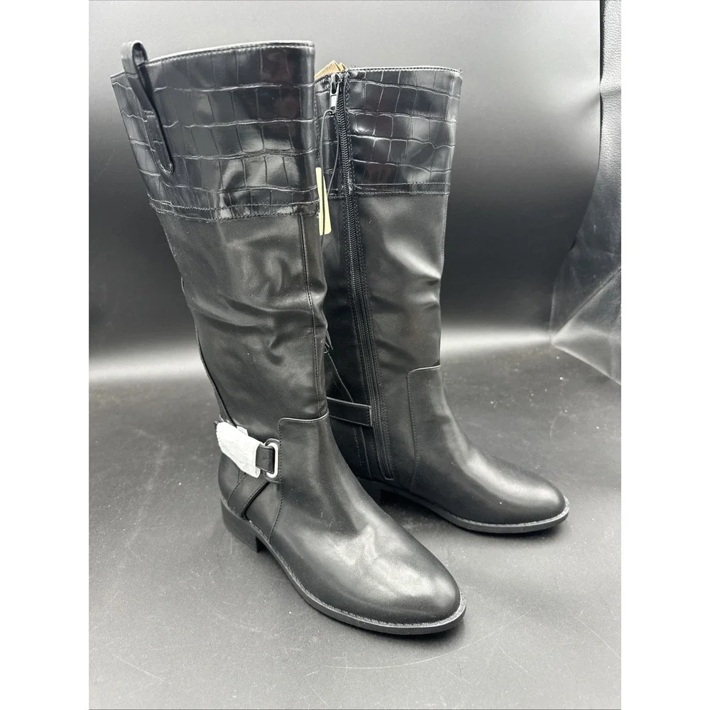 St Johns Bay Womens Black w/ Buckle Roslyn Riding Boots New W/ Box Size 6 WC/ WW